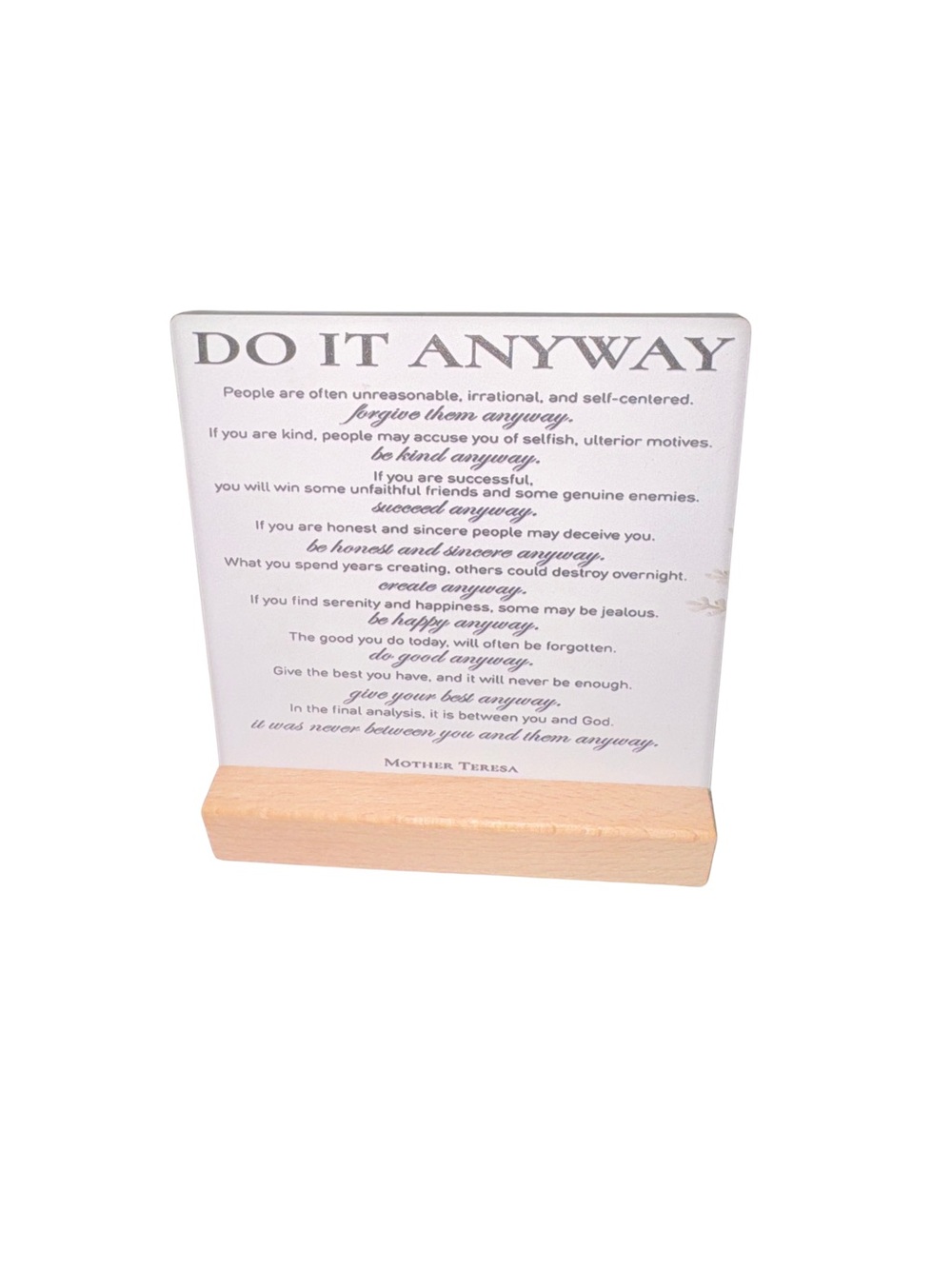 Do It Anyway Inspirational Ceramic Plaque in White with Natural Wood Base